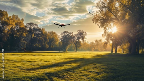 Remote-controlled airplane flying over a park at sunset photo