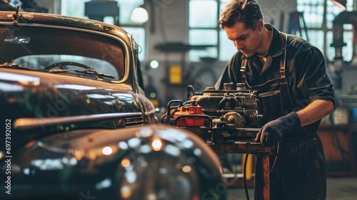 Mechanic working on a vintage car's engine in a garage photo