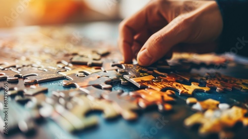 Hand completing a colorful jigsaw puzzle photo