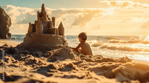 Child playing with a sandcastle on a sunny beach photo