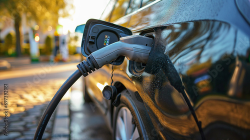 Close-up of a gas pump nozzle filling up an electric vehicle, focused on the EV emblem. Emission reductions.