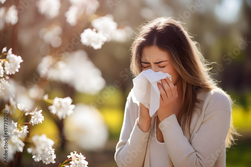Sneezing woman with paper tissue in fornt of blooming spring flowers. Pollen allergy concept