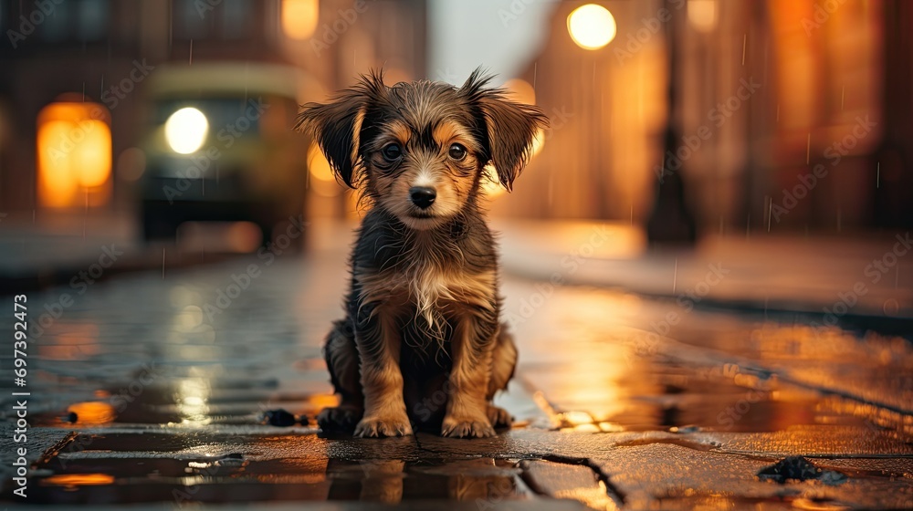 Sad and abandoned puppy on the street in winter - obrazy, fototapety, plakaty 