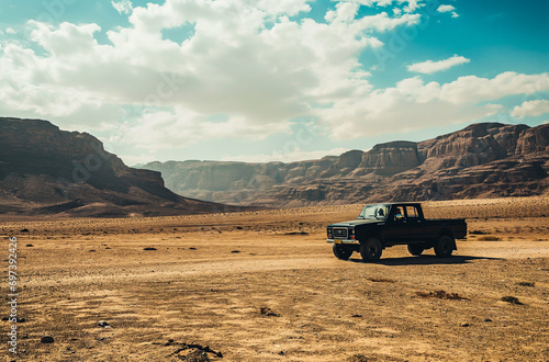 a black truck driving in a desert