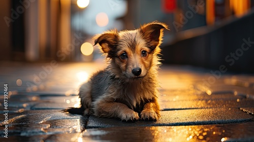 Sad and abandoned puppy on the street in winter photo