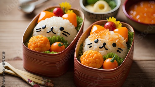 Japanese bento for children presentation, healthy food to take away. photo