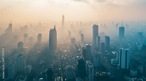 An aerial view of a big city skyline with smog and pollution visibly engulfing the buildings and streets. The image aims to convey air pollution's prevalence and risks. photo