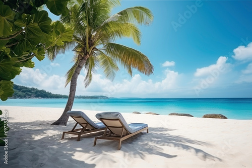 Two luxury sun loungers on a tropical white sand beach  