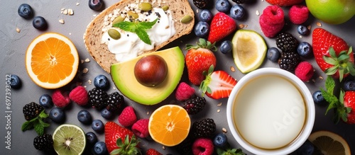 Delicious breakfast or brunch with toast, fruit, and jam. Top view.