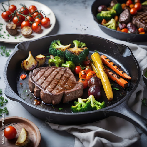 American food concept. Grilled beef steak with grilled vegetables, with carrots, cherry tomatoes, broccoli, in a cast iron pan.