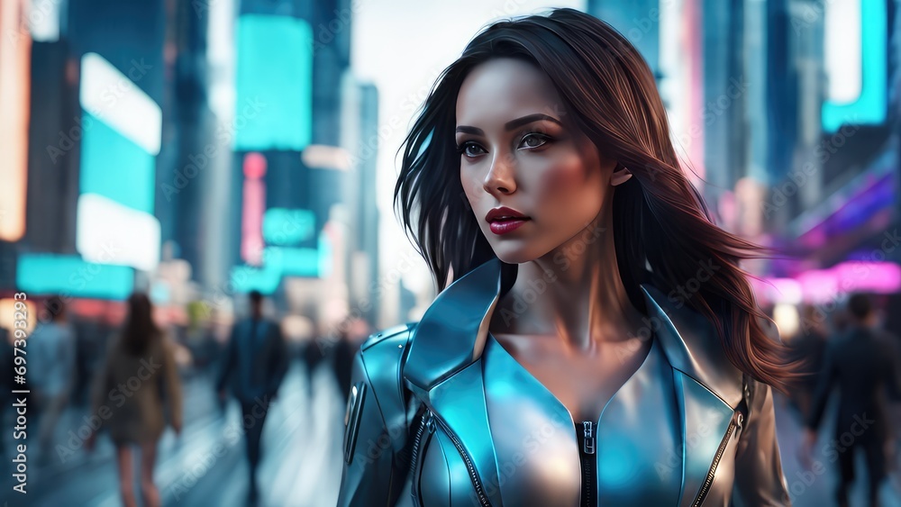 An android girl is walking down a city street. The concept of the world of the future An android girl is walking down a city street. The concept of the world of the future