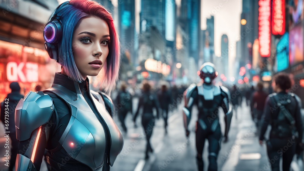 An android girl is walking down a city street. The concept of the world of the future An android girl is walking down a city street. The concept of the world of the future