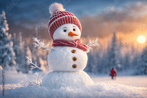 Panoramic view of happy snowman in winter scenery with copy space © qalandararts