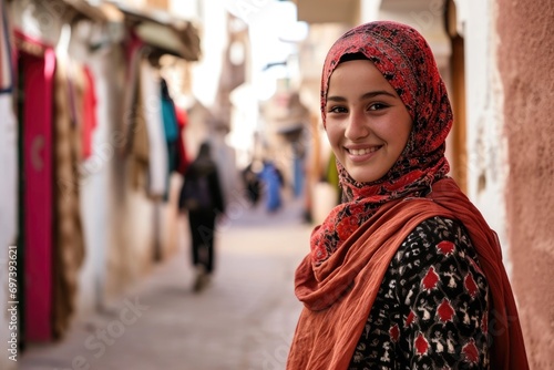 Smiling middle eastern muslim little girl wearing a hijab looking at the camera at a middle eastern city street photo