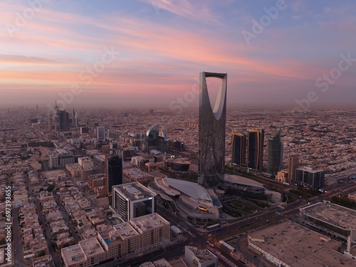 Drone shot flying. Saudi Arabia. Riyadh. Sunrise. 