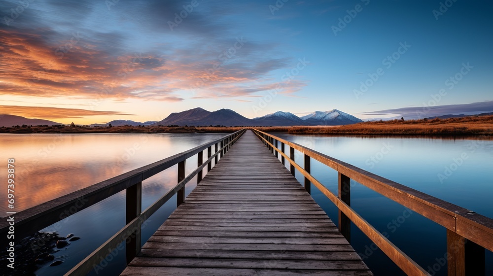A vertical video showing a wooden passage over a small lake that is reflective and a mountain range on the horizon