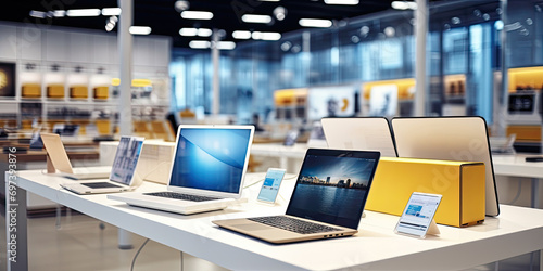 Laptops in modern technology store, creating a versatile workspace for potential customers.