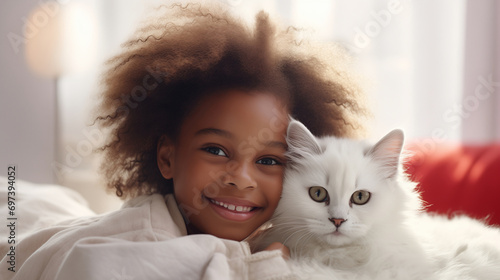 Close up of a little african american pretty girl hugs a fluffy beautiful cat, lovely pet, frendship with pets. Indors home background.Cute little cat. Generative AI photo