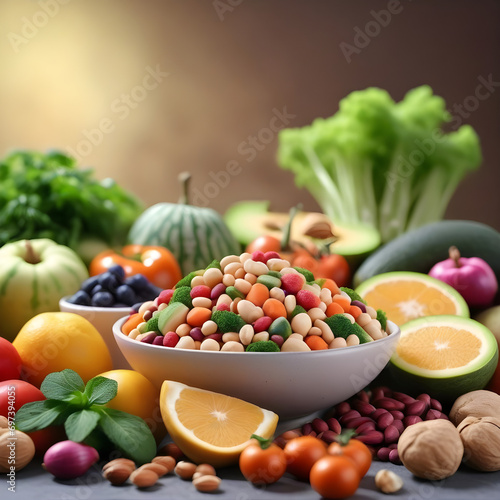 Health food for fitness concept with fruit  vegetables  pulses  herbs  spices  nuts  grains and pulses. High in anthocyanins  antioxidants  smart carbohydrates  omega 3  minerals and vitamins.