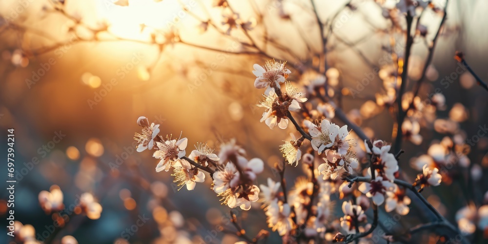 A close-up view of a bunch of flowers growing on a tree. This image can be used to depict the beauty of nature and the vibrant colors of blooming flowers - obrazy, fototapety, plakaty 