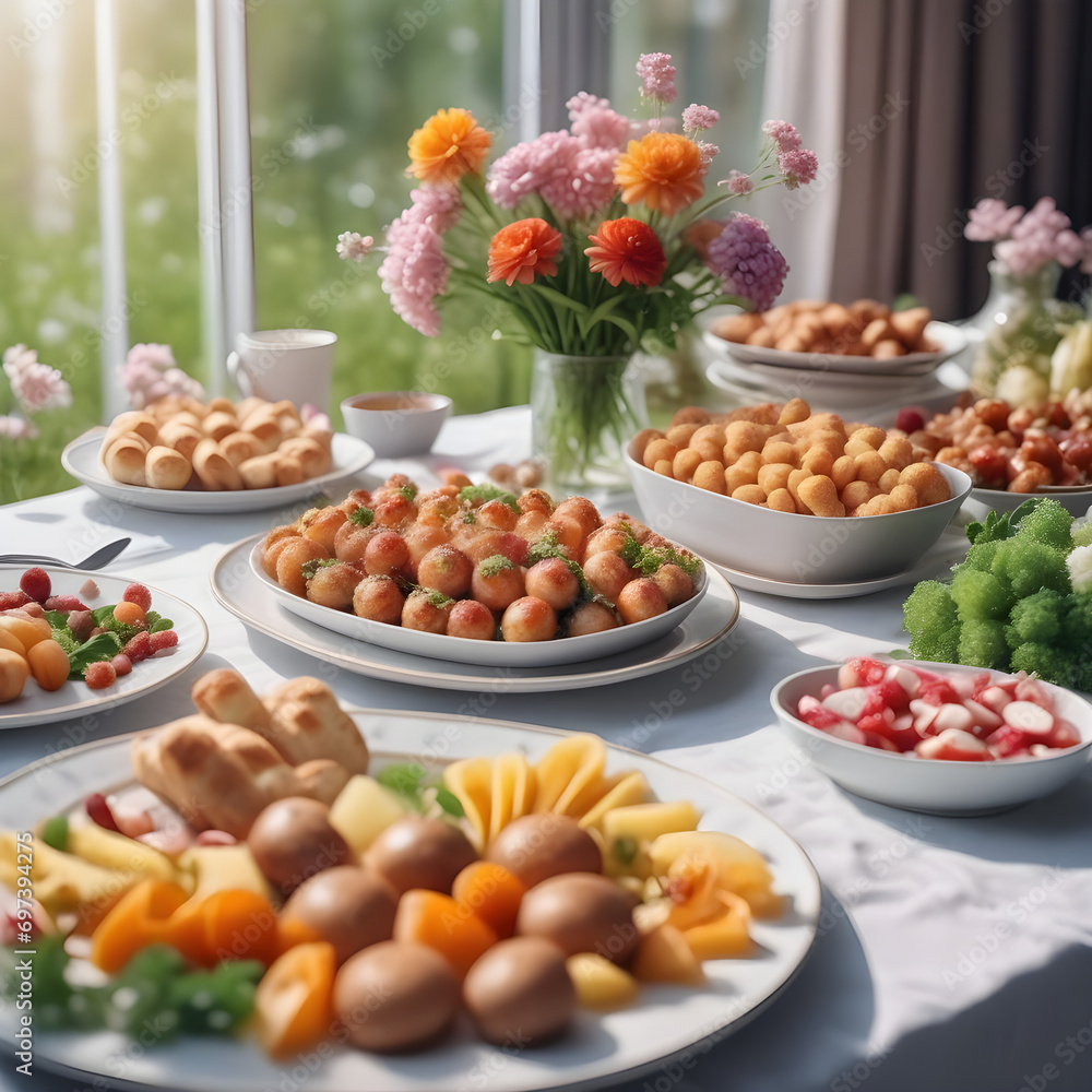Long table with food and flowers Long table with food and flowers