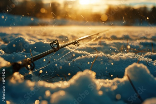 A fishing rod resting on top of snow-covered ground. Ideal for winter outdoor activities photo