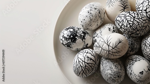 Easter eggs with intricate black and white marble patterns on white plate with copy space