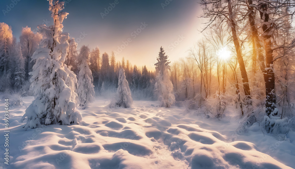 sunrise in winter at forest