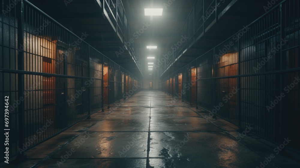 A long hallway with multiple bars. Suitable for illustrating confinement or imprisonment A long hallway with multiple bars. Suitable for illustrating confinement or imprisonment