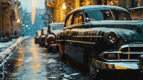An old car parked on the side of the street. Suitable for vintage car enthusiasts or urban scenes photo