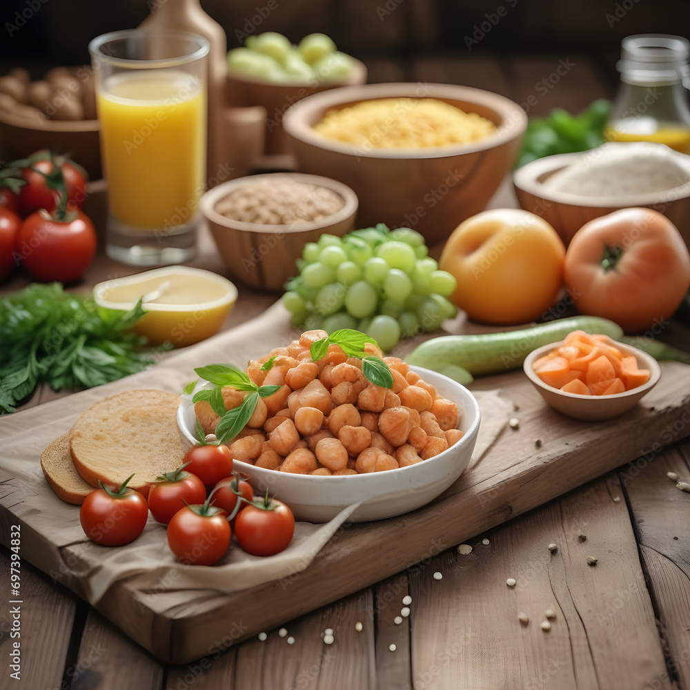 Selection of healthy food on rustic wooden background