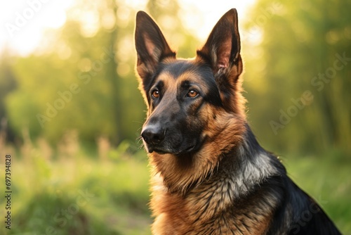 A German Shepherd dog calmly sitting in the green grass. Ideal for pet lovers and nature enthusiasts