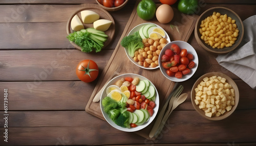 Selection of healthy food on rustic wooden background