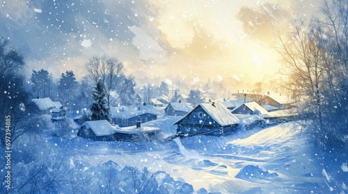 A beautiful painting depicting a charming village covered in a blanket of snow. Perfect for winter-themed designs and holiday projects © Fotograf