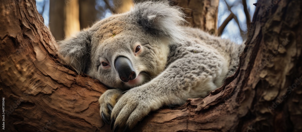 Fototapeta premium Sleeping koala in tree fork, looking at camera.
