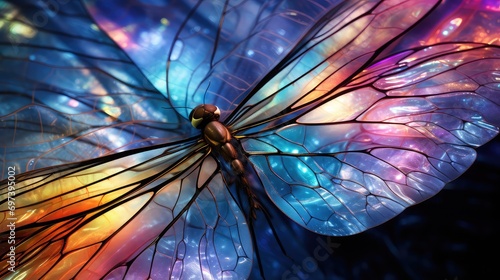butterfly with iridescent wings. a spectrum of shining colors shimmer from the light. The wings display intricate vein patterns, adding detailed texture and natural artistry to the image. © DZMITRY