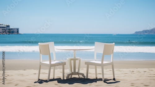 At the beach, there are white chairs and tables.