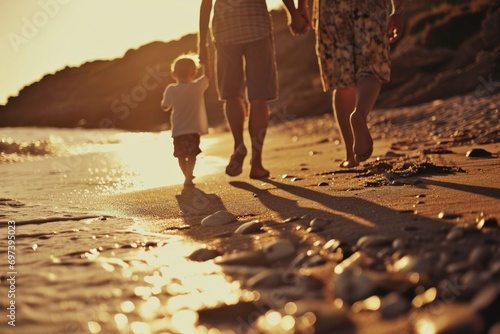 A family enjoying a leisurely walk on the beach at sunset. This image can be used to depict family vacations, quality time spent together, or the beauty of nature at dusk