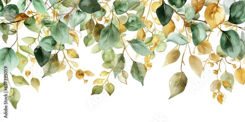 A beautiful watercolor painting featuring green and yellow leaves. Ideal for nature-themed designs and artwork