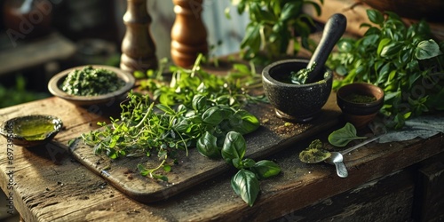 Fresh herbs arranged on a wooden cutting board with a mortar. Perfect for culinary and herbal medicine concepts photo
