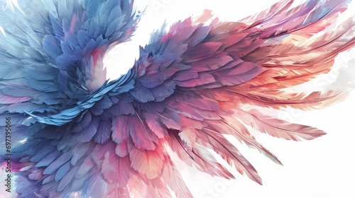 wings transitioning from dark blue to a soft pink hue. The wings are spread out as if in flight, creating a feeling of movement and freedom © DZMITRY