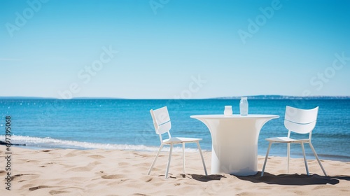 At the beach  there are white chairs and tables.