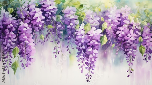 watercolor painting  clusters of wisteria flowers hanging from branches with green leaves. different shades of purple and lilac flowers  creating a soft and delicate look.