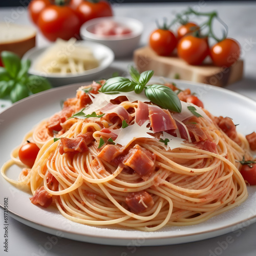 Spaghetti all Amatriciana with pancetta  tomatoes and pecorino cheese