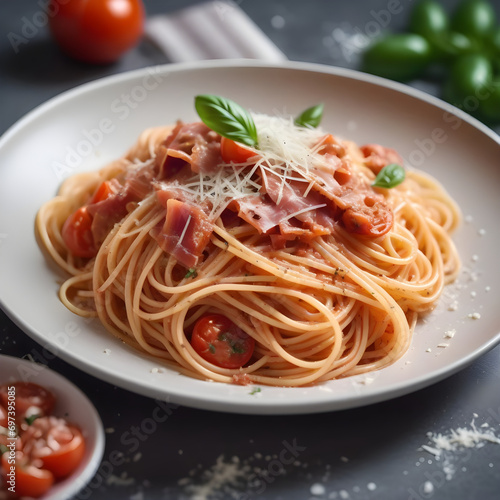 Spaghetti all'Amatriciana with pancetta, tomatoes and pecorino cheese
