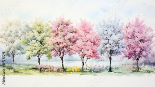Watercolor illustration of trees at different stages of flowering. a distinct season or stage with different colors and types of foliage.