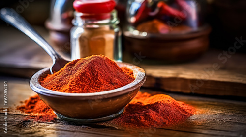 Paprika powder in a wooden bowl on a table photo