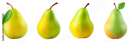 Set of green yellow pear natural fruit lies isolated on white or transparent background