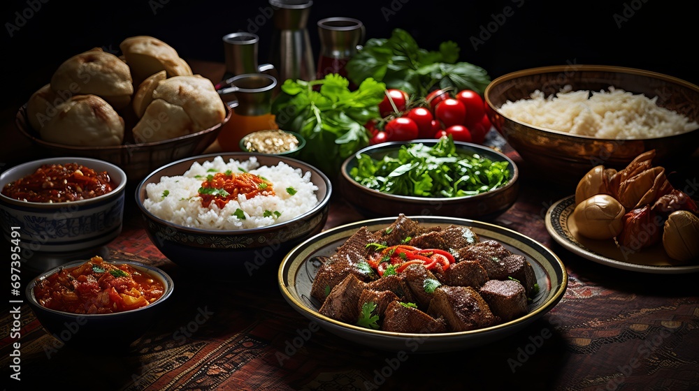 Different dishes are served at a family table in uzbekistan.