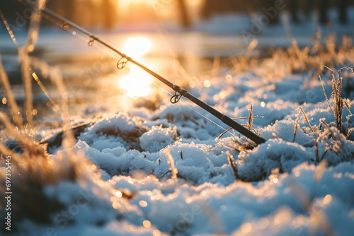 A fishing rod resting on top of snow-covered ground. Perfect for outdoor enthusiasts and winter sports enthusiasts